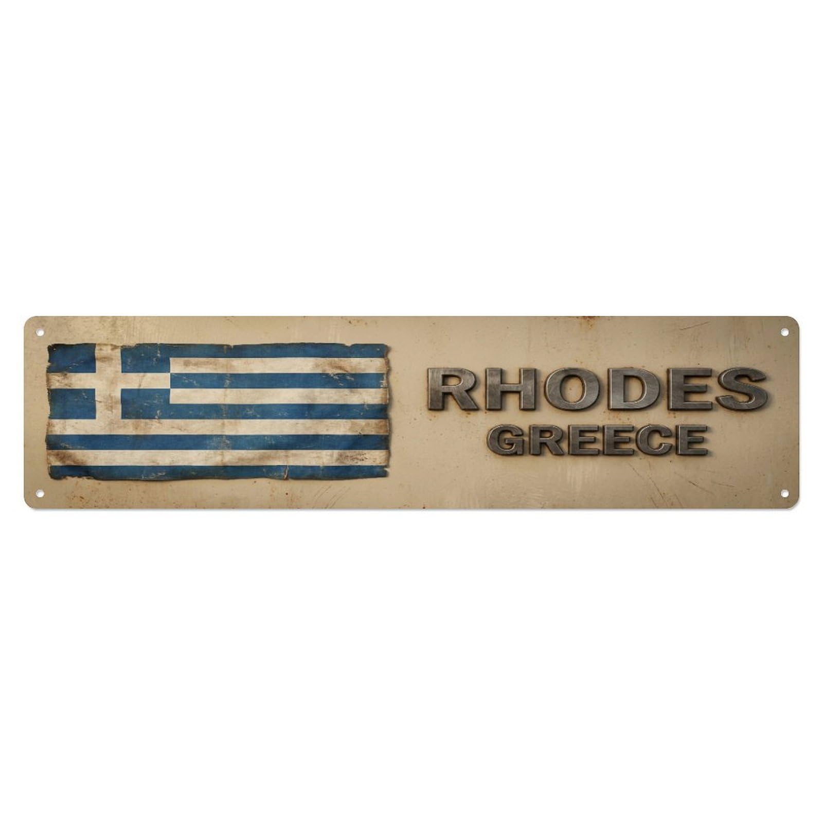 Metal Tin Sign Vintage Rhodes Greece Flag Decor Rustic Travel