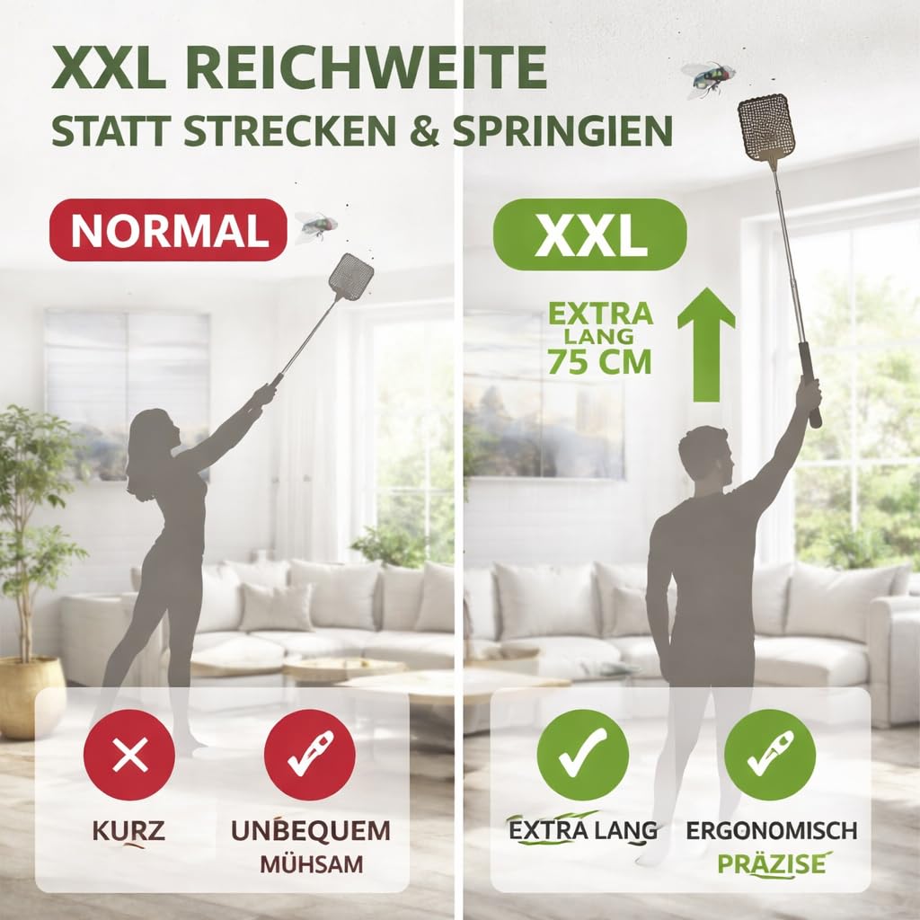 2 scacciamosche XXL 75 cm estensibili – Scacciamosche con telescopio per mosche e insetti – acchiappamosche e insetti come protezione per mosche