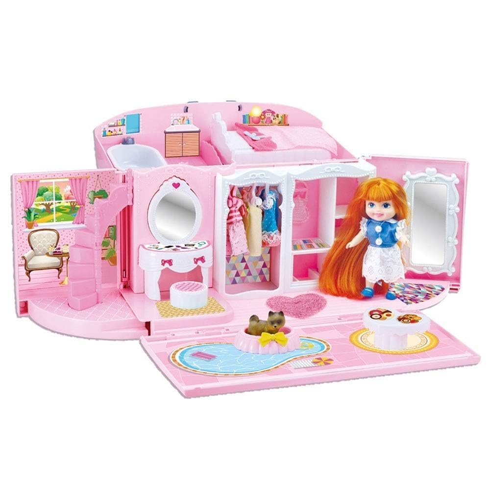 Favrallo Plastic Doll House Playset with Hand Bag, Multicolour Handbag Play House, Pretend Play House for Kids Barbie Doll Set Shoping Pouch Bag Beuty Kit Pouch (Doll House with Hand Bag.)