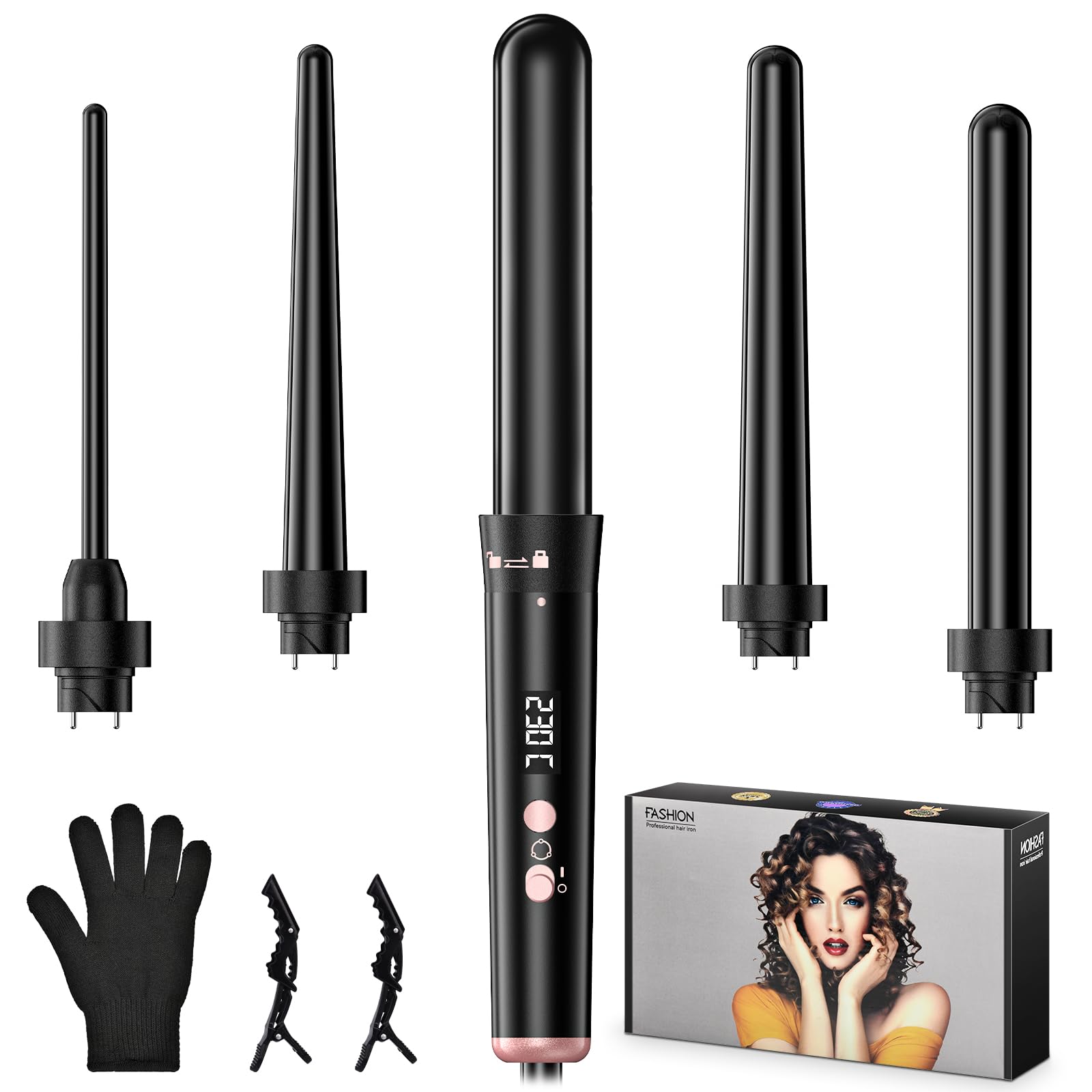 5 in 1 Lockenstab Set, 9-32mm Keramik Lockenstab mit Verschiedenen Aufsätzen für Kleine und Große Locken, Schnellaufheizung, Einstellbare Temperatur, Lockenstäbe Set mit Handschuh Haarspangen