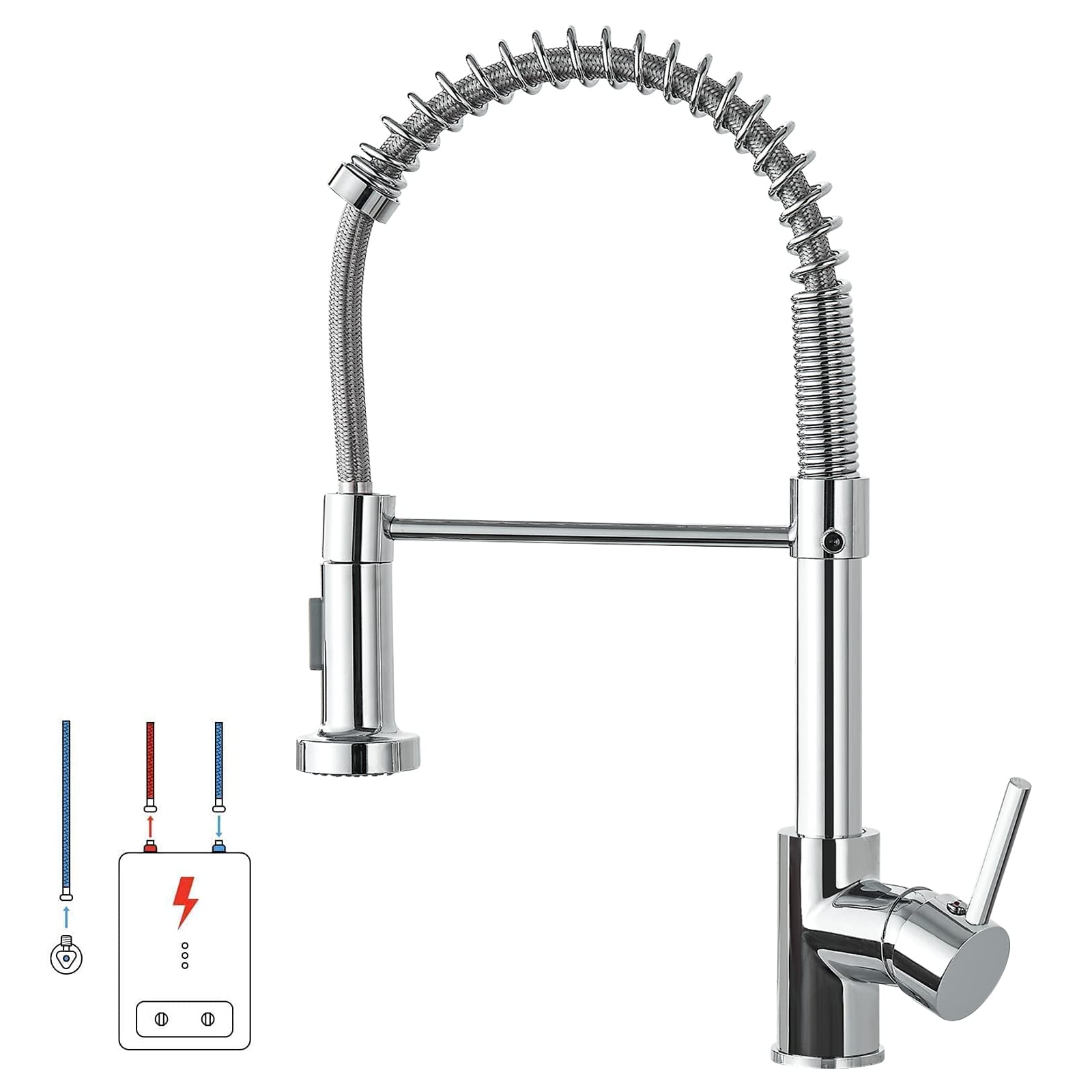 Cobbe Rubinetto da cucina a bassa pressione, rubinetto da cucina con beccuccio alto, girevole a 360°, 2 modalità di spruzzo, rubinetto per lavello con doccetta estraibile (cromato)