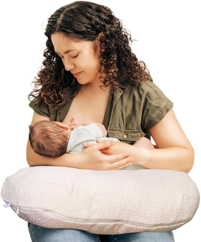 Almohada de lactancia, soporte ergonómico de lujo para lactancia y alimentación del bebé | Cojín alto, firme y de gran superficie, forro repelente al agua, funda lavable, apertura más amplia, relleno de fibra flexible - Boucle de avena