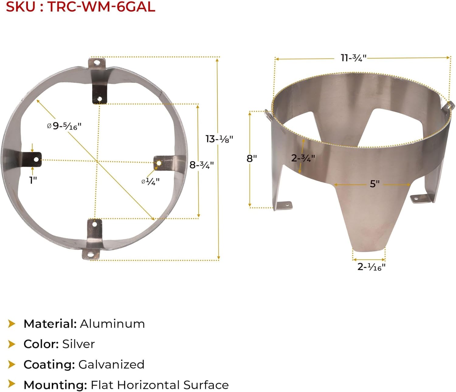 Mytee Products 6 Gallon Galvanized Trash Can with Horizontal Aluminum Mounting Bracket Kit for Trucks & Trailers, Steel Outdoor Garbage Can Holder, Fire & Heat Resistant