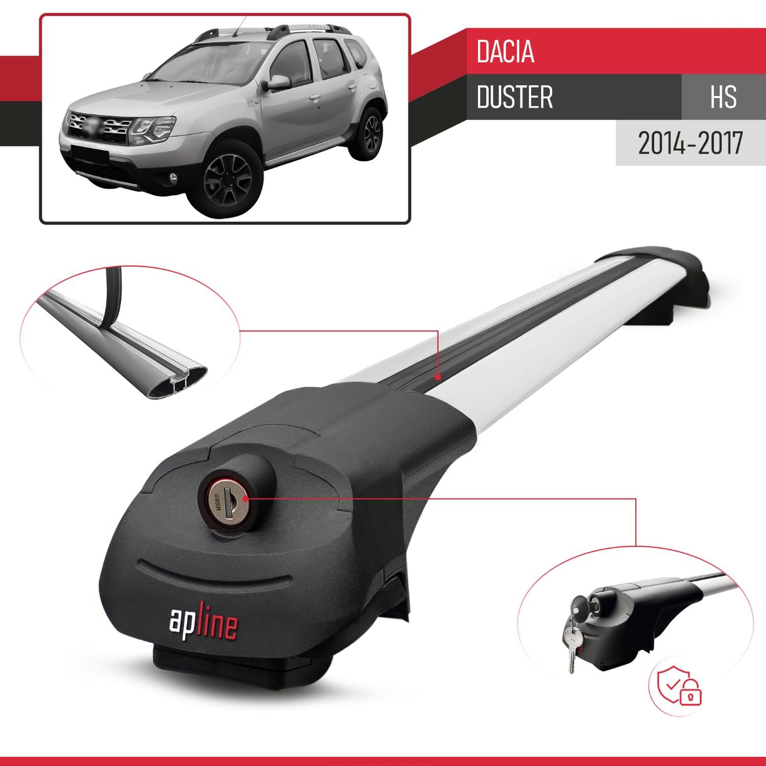 Compatible con Dacia Duster (HS) Post-Facelift 2014-2017 Modelo Ace-1 Barra de Techo Auto Portaequipajes Barras Transversales Gris Aluminio 2 Barras