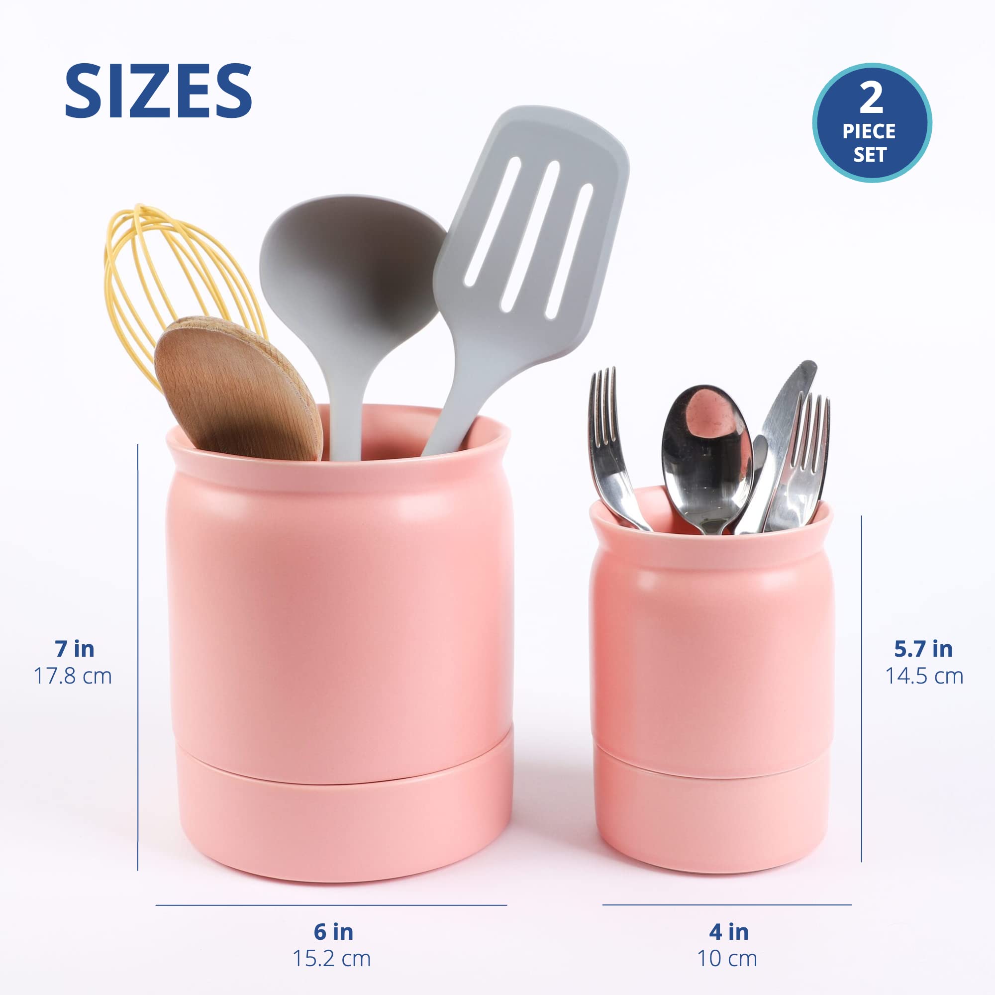 BLUE GINKGO Ceramic Utensil Holder [Pack of 2] - Cutlery Containers with Removable Draining Tray (Pink)