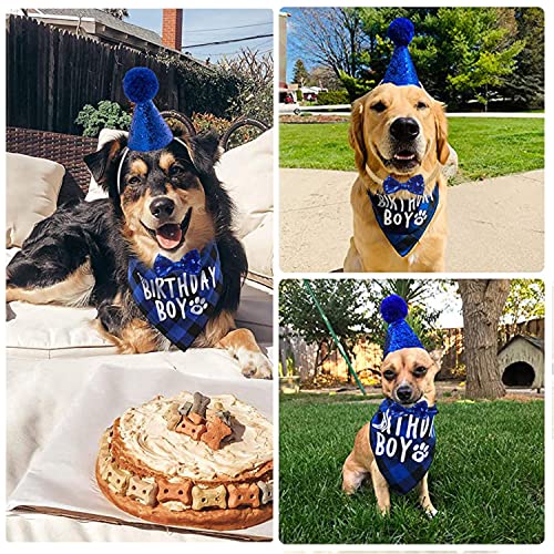 NITAIUN 3 Stücke Hund Geburtstag Bandana Set, Hund Geburtstag Hut Hundegeburtstagskrawatte Krawatten Hund Halstuch Bandana Hunde Zubehör Set Hundegeburtstagsparty für Welpenkatzenhaustier Blau