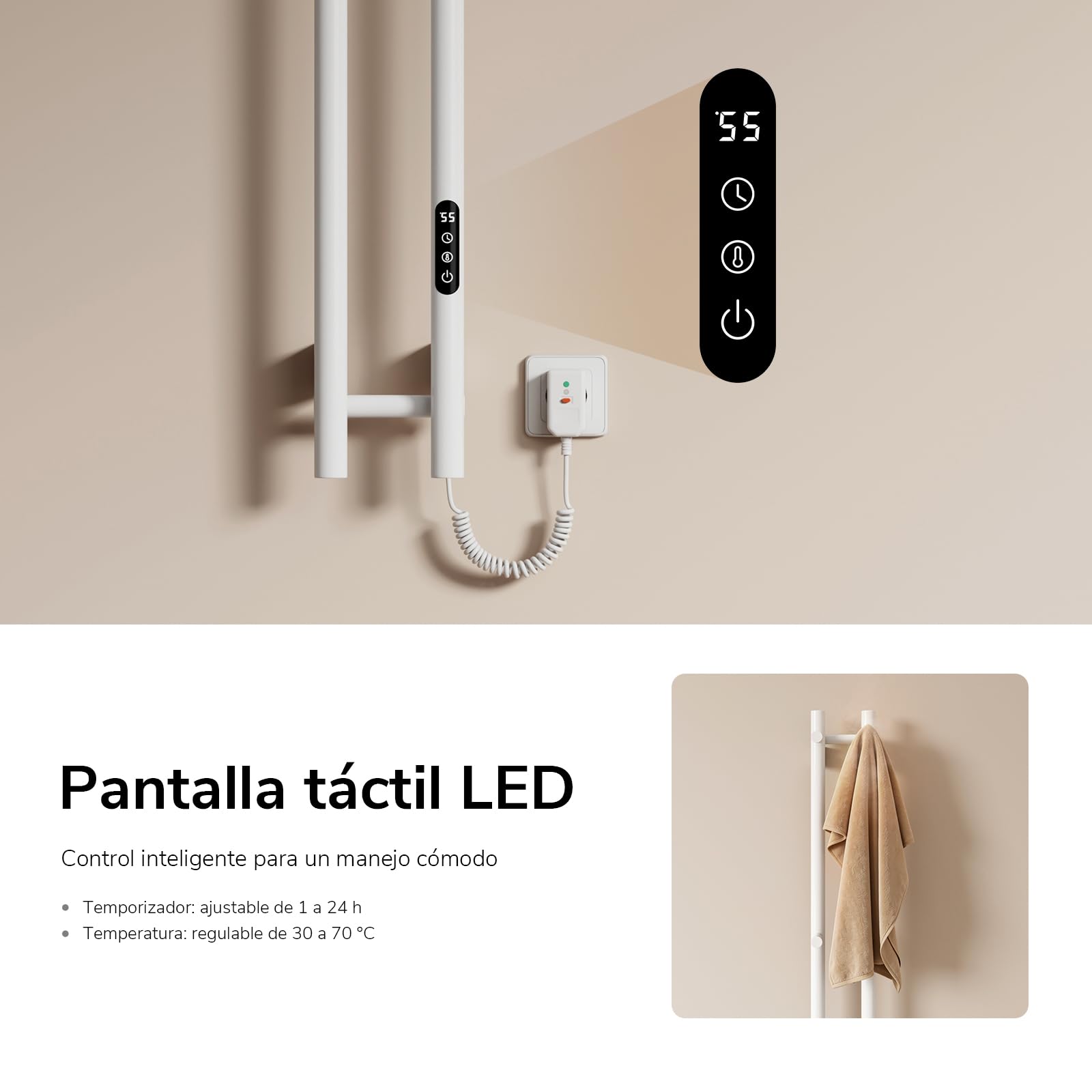 EMKE Toallero Eléctrico Inteligente Bajo Consumo, 120x12 cm,Blanco | Radiador Toallero WiFi de Fibra de Carbono, Termostato 30-70°C, Programable, de Pared,6 modos