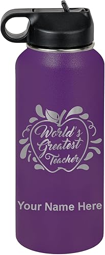 Miniatura 45 de LaserGram Botella de agua con tapa abatible de doble pared de 32 onzas con popote, el mejor maestro del mundo, grabado personalizado incluido (verde