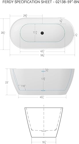 Miniatura 4 de FerdY 59" Bañera de acrílico independiente Bali Elite, bañera independiente de inmersión con forma elegante, certificada cUPC, desagüe negro Toe-Tap