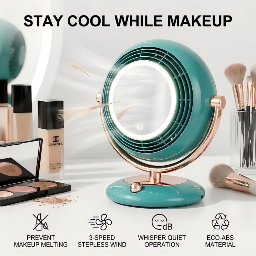 Retro-Style Makeup Mirror Desktop Portable Fan, Desktop Dressing Mirror with Built-in Fan, Equipped with LED Lighting, Warm and Cool Tone Lights, Touch Control Function (White)