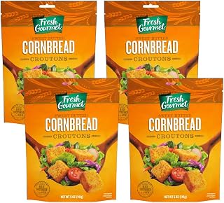 Fresh Gourmet Sweet Butter Cornbread Premium Croutons, 5oz Pack of 4 - Crunchy Salad & Soup Toppers