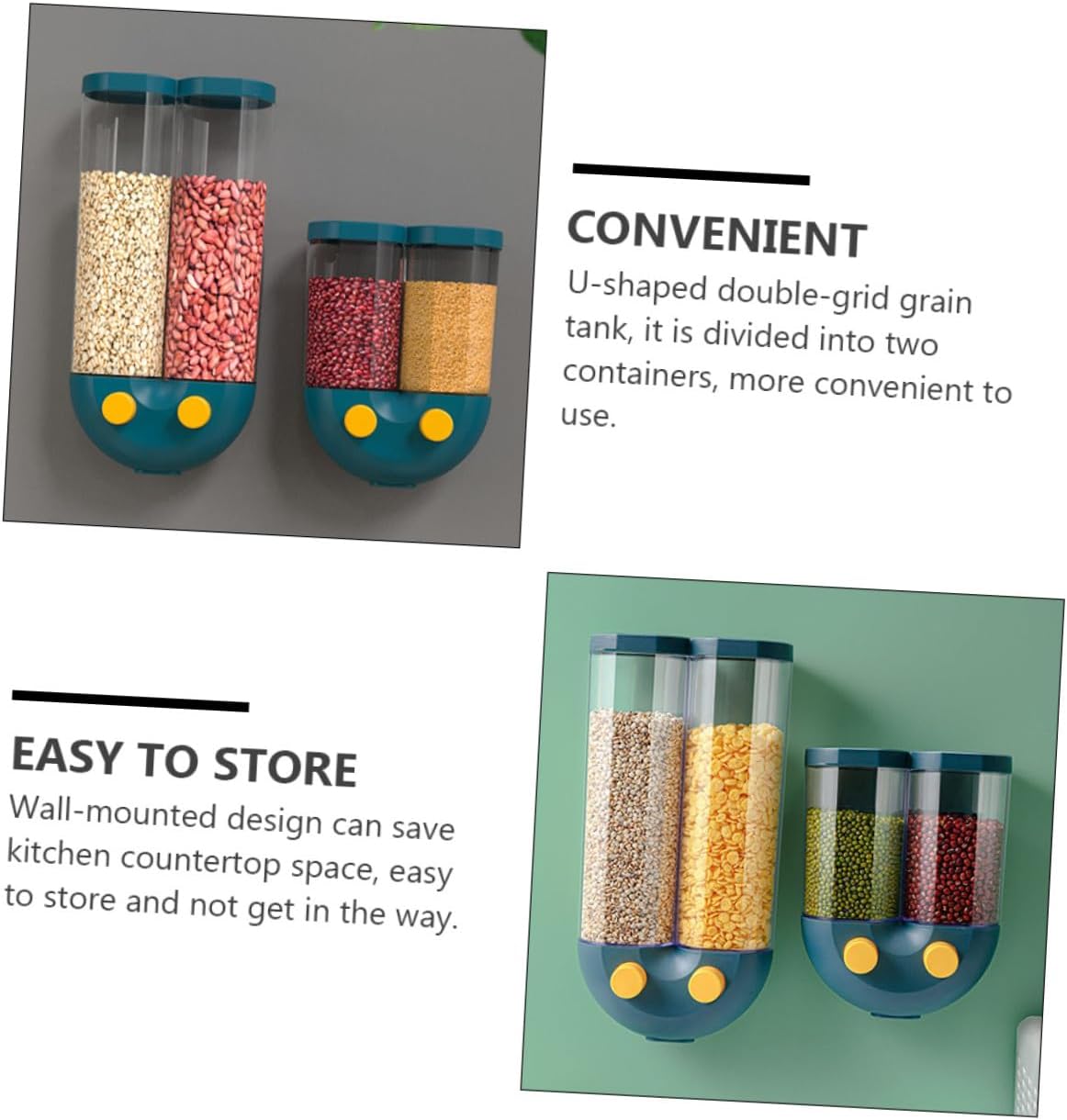 Large Capacity Blue Grain Dispenser with Seal Lid for Home and Restaurant Multi-compartment Grain Container with Wall-mounted Space-saving Design Easy Refill Cereal Storage