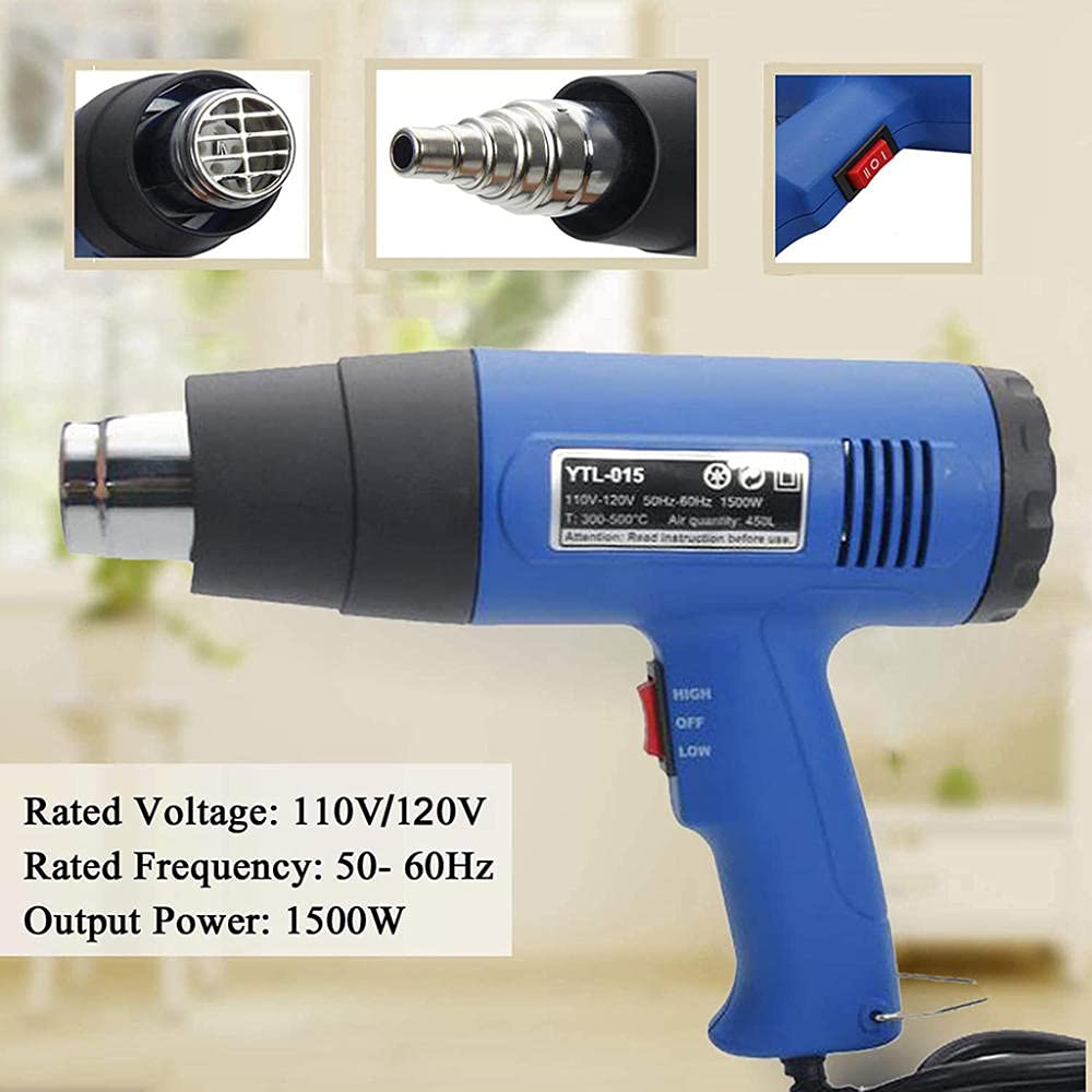 Pistolet à Air Chaud 1500W, Pistolet Thermique avec 4 Buses, avec 2 Contrôles de Température, Noyau Chauffant en Mica, Pistolet à air chaud capable de PVC rétractable, Dégommage, Dessouder