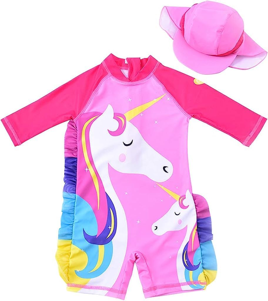 WYTbaby Baby Badeanzug Mädchen Einteiliger Langarm Uv Badebekleidung Mit Badekappe Uv Shirt Mädchen 1-7 Jahre