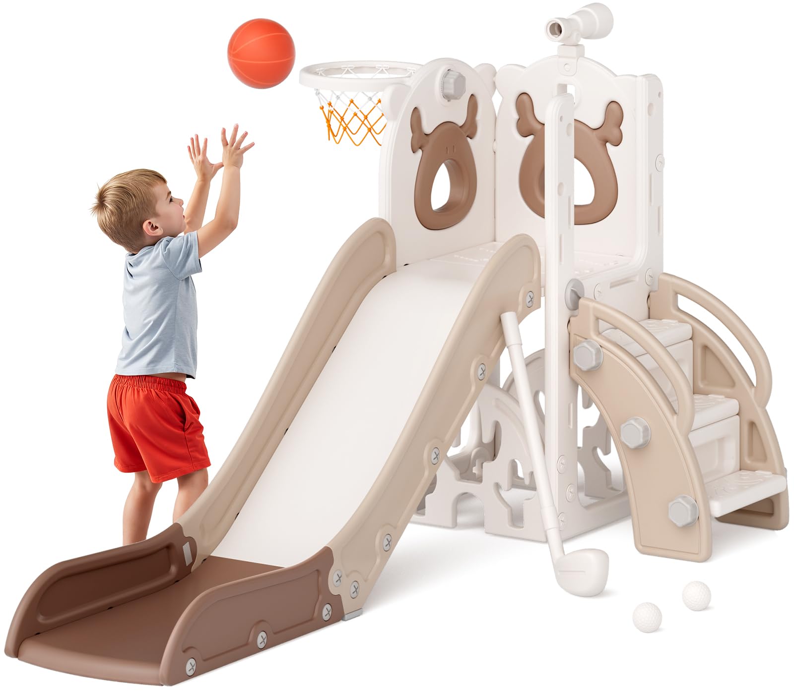 Mloong 7 in 1 Toddler Slide, Kids Slide for Toddlers Baby1-3 Years Old, Indoor and Outdoor with Basketball Hoop Upgraded Golf, Plastic Slides for Kids Easy Assembly Elk Theme (27.5×62.2×38.9")