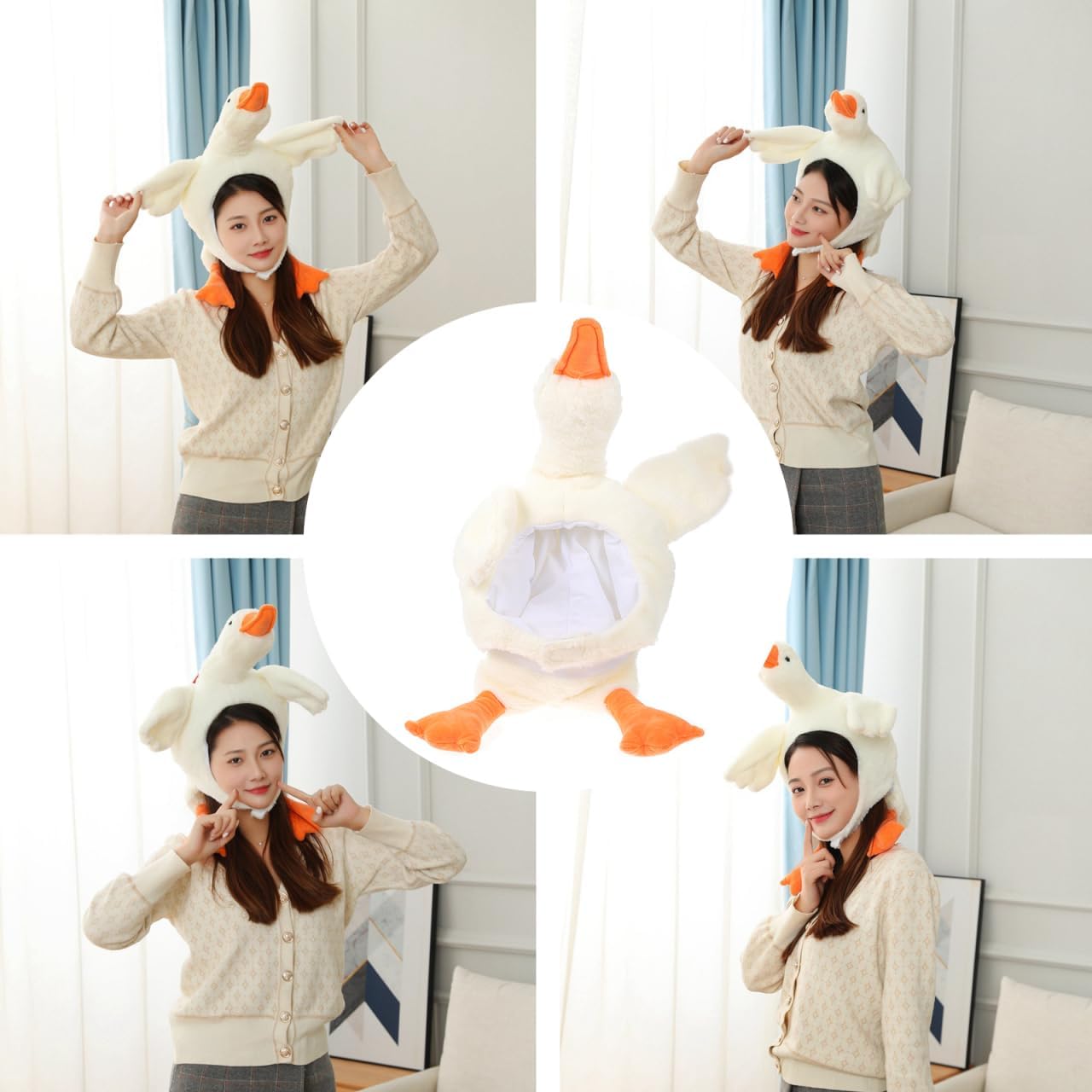 SHOWERORO White Goose Costume Hat, PP Cotton Plush Stuffed Animal Headgear for Kids & Adults, Costume Hat for Party, Carnival, Cosplay, Performance, Easter Favor