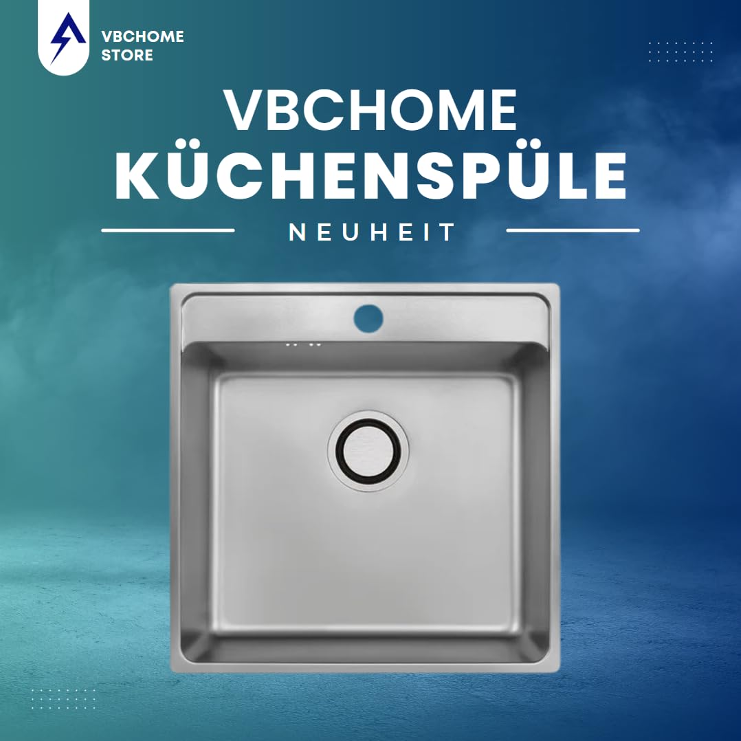 VBChome Edelstahlspüle mit Armatur 49 x 48 x 21 cm Inox Glatt Edelstahl Einbauspüle mit Hahnloch Küchenspüle Spüle Groß Becken Siphon Edelstahlspüle Armatur Inox mit ausziehbarem Auslauf
