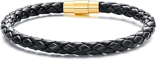 KXJ Pulseras de cuero trenzado unisex de 0.197 in para hombres y mujeres, pulsera de cuerda de cuero genuino, marrón, azul, negro, cierre magnético