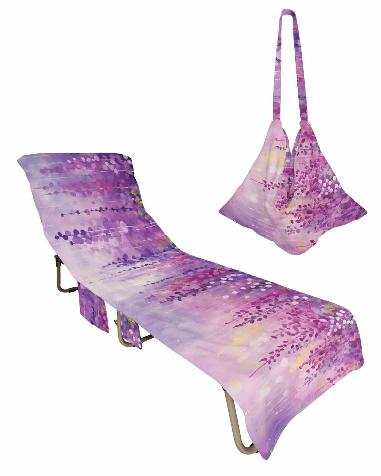 Purple Botanical Beach Lounge Chair Towel Cover, Soft Chaise Lounge Towel with Side Pockets Patio Pool Chairs Cover for Beach/Pool Sunbathing 29x85 Watercolor Spring Floral Oil Painting Elegant