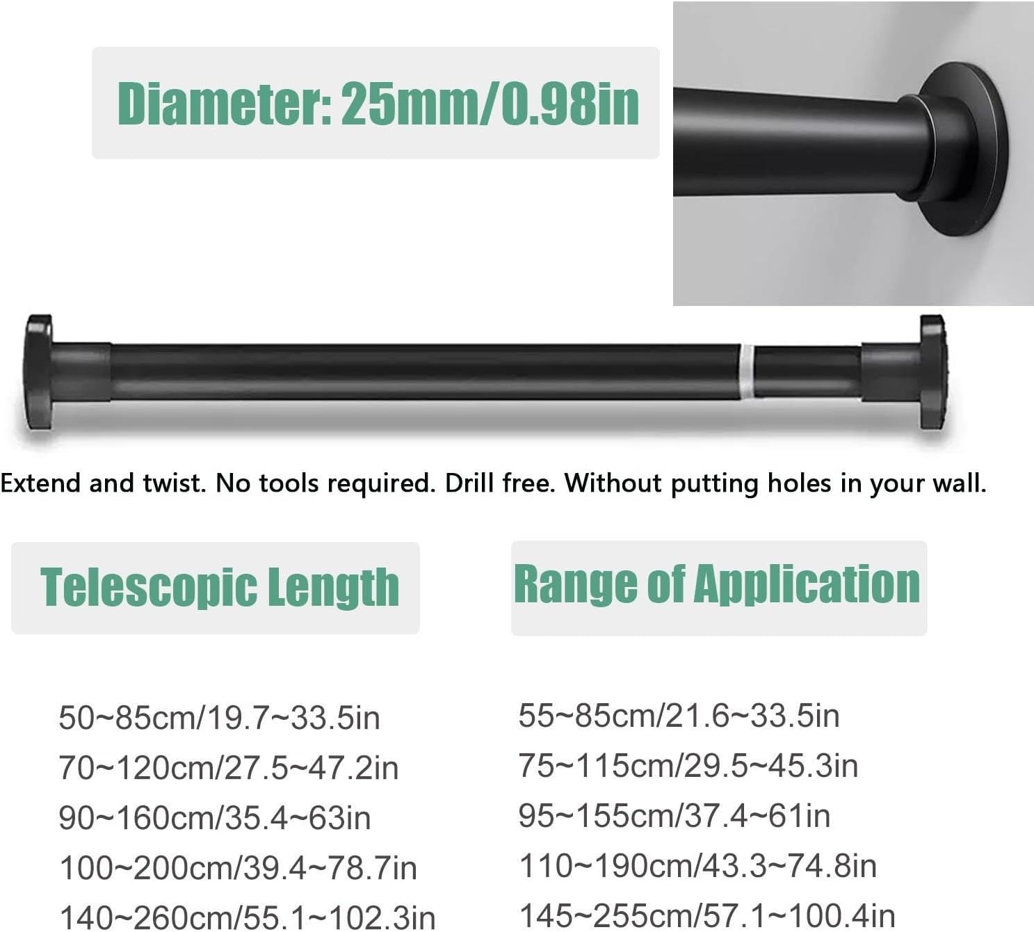Closet Rod for Hanging Clothes, Adjustable Non-Slip Spring Tension Bar for Wardrobes Shoe Cabinets Shelves, Heavy Duty Shower Curtain Rods