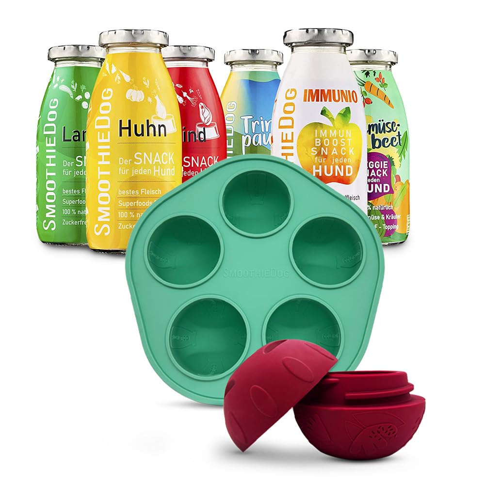 SmoothieDog Schleckball + SmoothieDog Hundesmoothie 6er Mix (250ml) - Schleckball für Hunde, Snackball, zur Beschäftigung, bpa frei, robust, befüllbar, zum einfrieren, spülmaschinenfest
