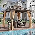 GAZEBEST 10x10 ft Hardtop Gazebo Outdoor Aluminum Patio Gazebo Double Roof Galvanized Steel Canopy with Netting and Curtains for Garden, Backyard,Deck and Lawns