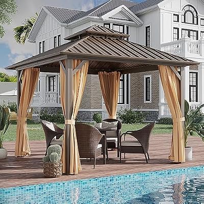 GAZEBEST 10x10 ft Hardtop Gazebo Outdoor Aluminum Patio Gazebo Double Roof Galvanized Steel Canopy with Netting and Curtains for Garden, Backyard,Deck and Lawns