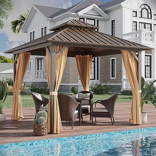 GAZEBEST 10x10 ft Hardtop Gazebo Outdoor Aluminum Patio Gazebo Double Roof Galvanized Steel Canopy with Netting and Curtains for Garden, Backyard,Deck and Lawns