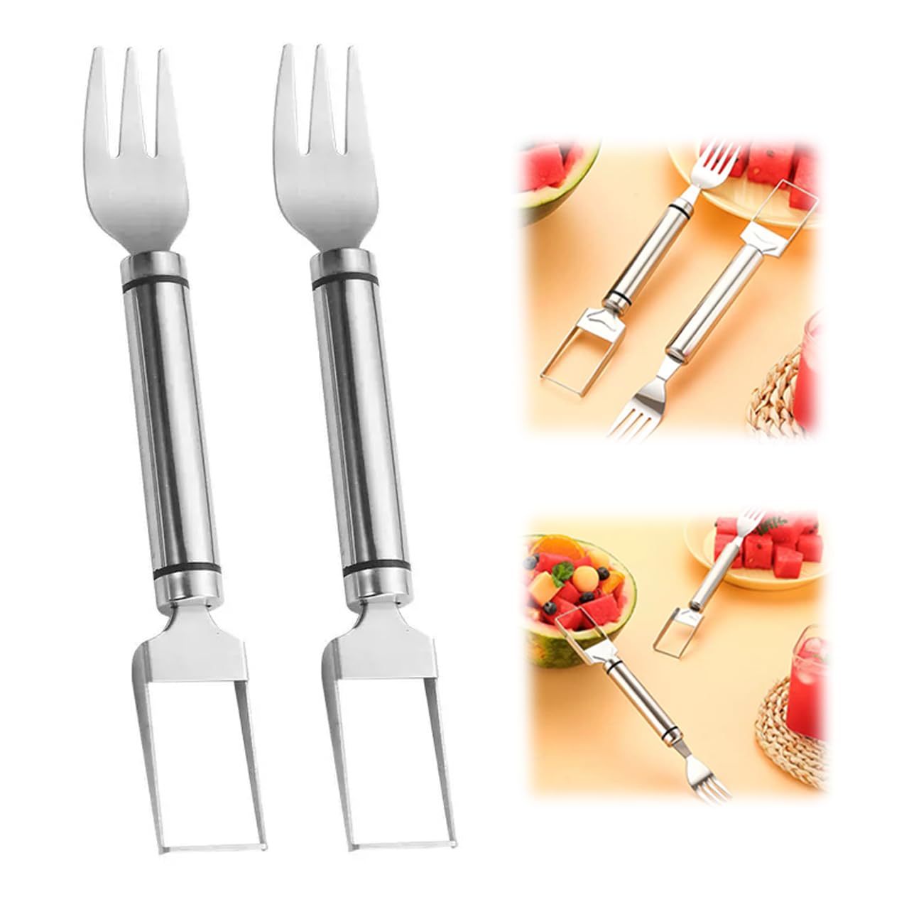 2-In-1 Stainless Steel Fruit Cutter Watermelon Fork Slicer Cutting Tool, Watermelon Fork Cutter for Home Party Camping Kitchen Gadget (2 Pcs)