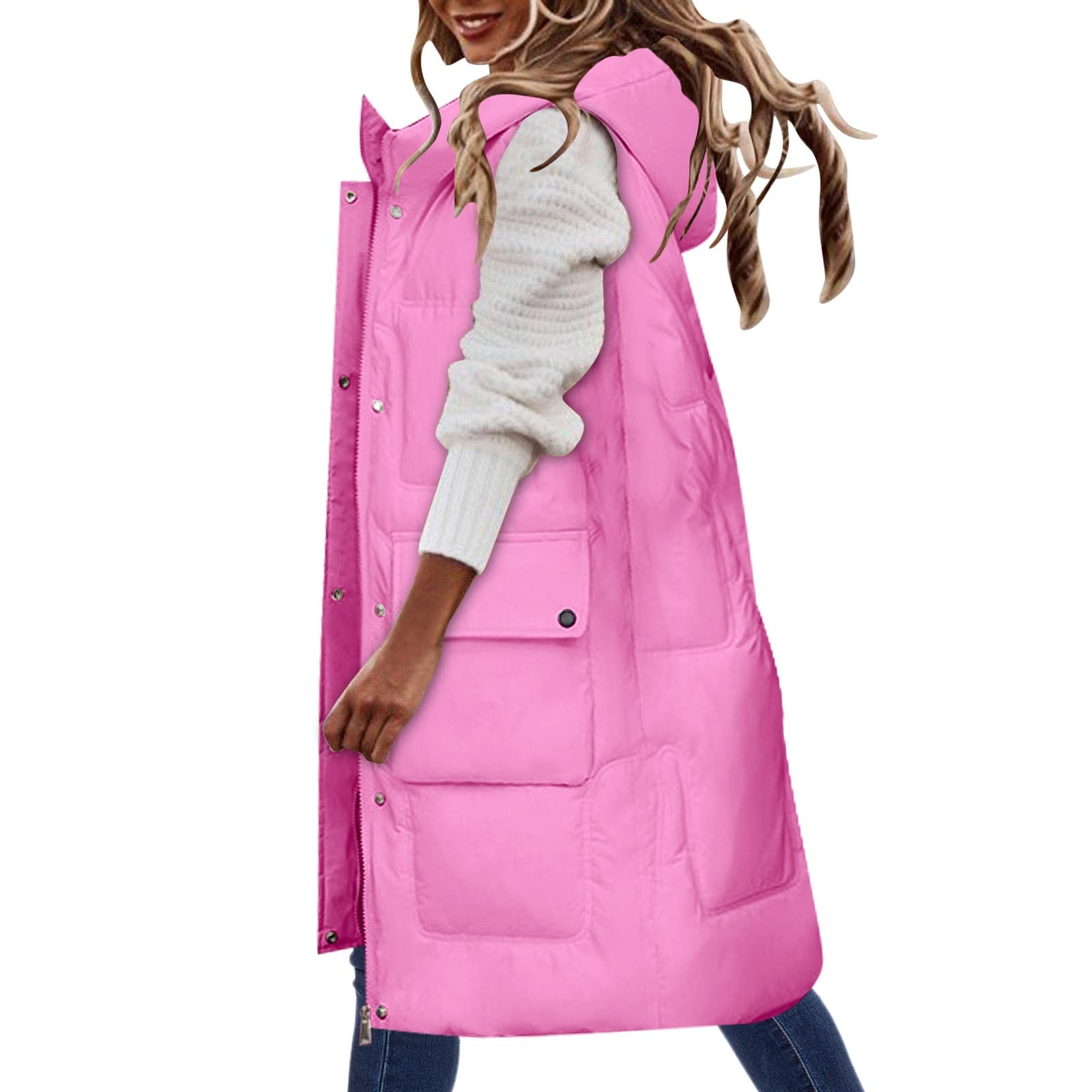 Generisch Gilet trapuntato da donna lungo con cappuccio – gilet invernale da donna caldo senza maniche gilet in piuma ispessito cappotto invernale soffice piumino con cerniera gilet elegante gilet