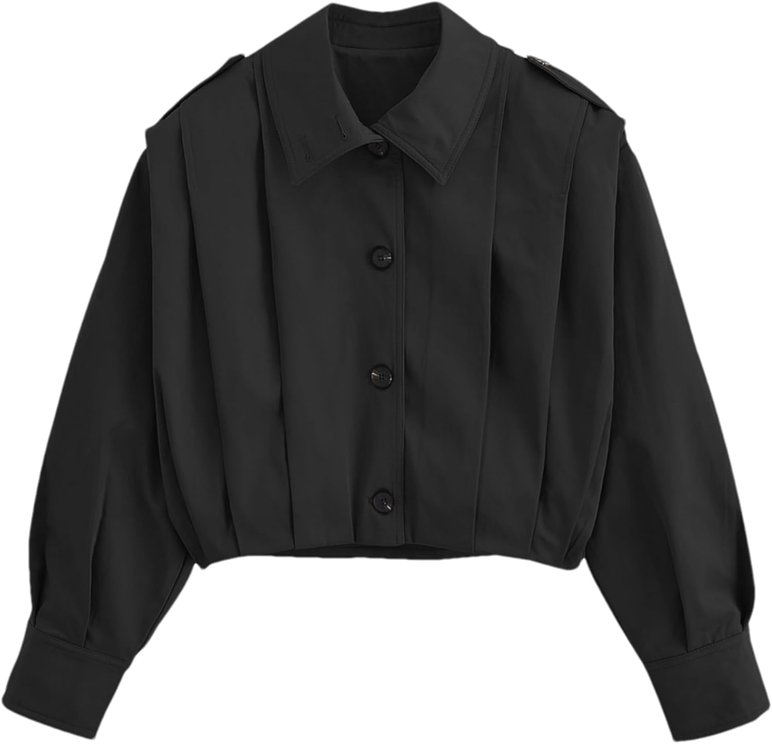 Womens Cropped Pleated Jacket Lapel Long Sleeve Button Down Short Trench Coat Casual Trendy Outwear
