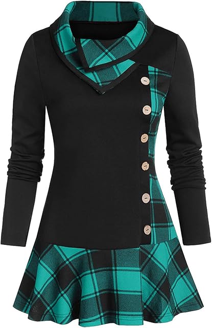 AMhomely Women Plus Size Button Cowl Neck Long Sleeve Pachwork Pliad Print Tops Casual V Neck Tunic Tops Henley Shirts Button Jumpers Blouses