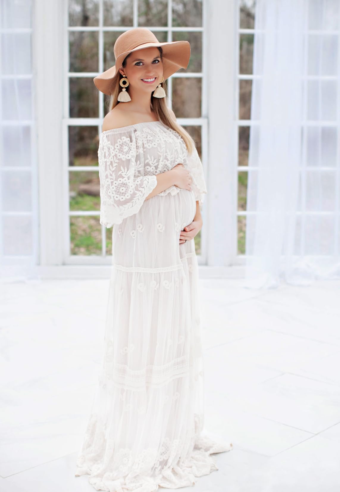 Vestido de novia de encaje con hombros descubiertos para mujer, estilo bohemio, dama de honor, fiesta, maternidad, sesión de fotos, maxi vestidos