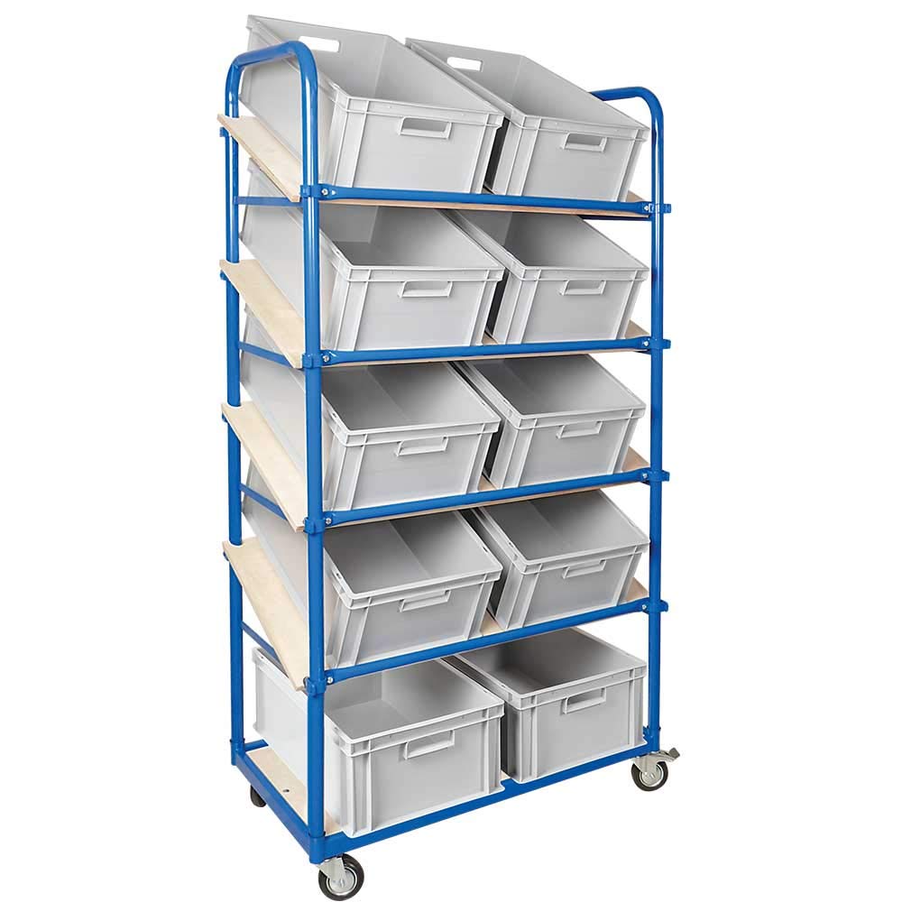 BRB Schrägboden-Regalwagen mit 5 Ebenen, 4 Lenkrollen, bestückt mit 10 Euroboxen 600x400x220 mm grau