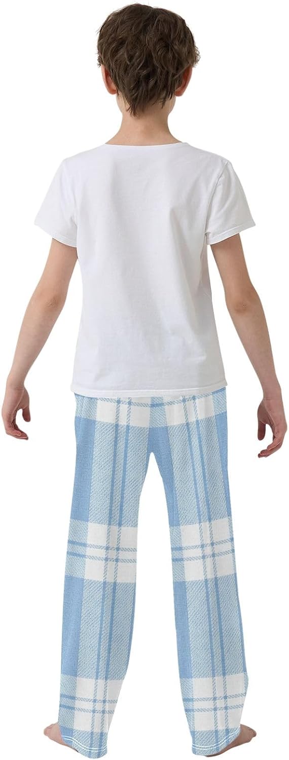 Classic Plaid Blue White Pajama Pants Soft Cotton Modal Blend Lightweight Sleepwear, Elastic Waist Pockets