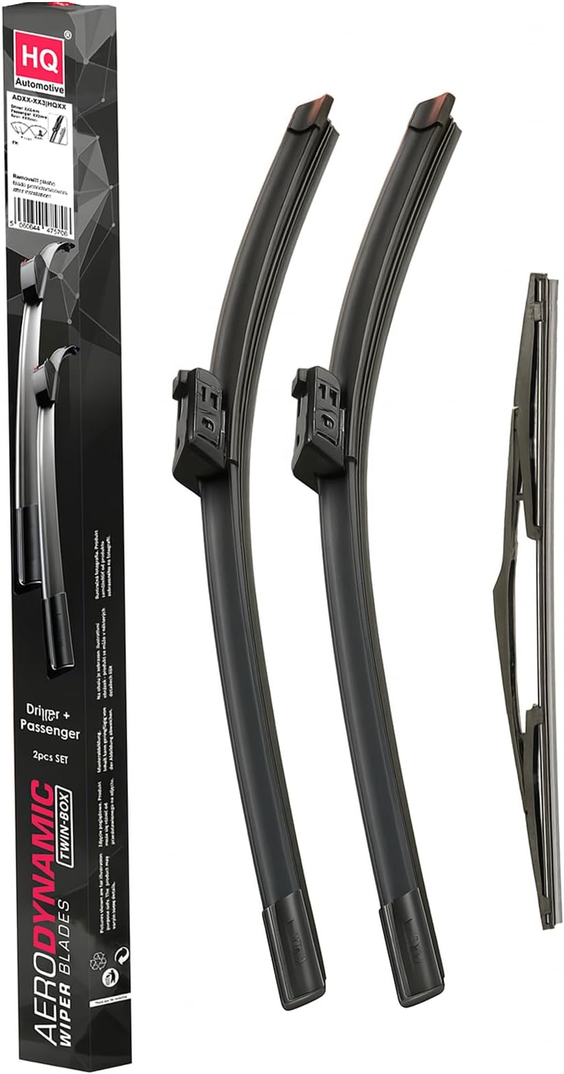 HQ AUTOMOTIVE Wiper Blades for FORD Fiesta Mk7 (2008-2012) | 3-piece front, 26 in + 15 in & rear 12-in set, Top Lock 19mm connector, graphite-coated rubber, rain sensor ready