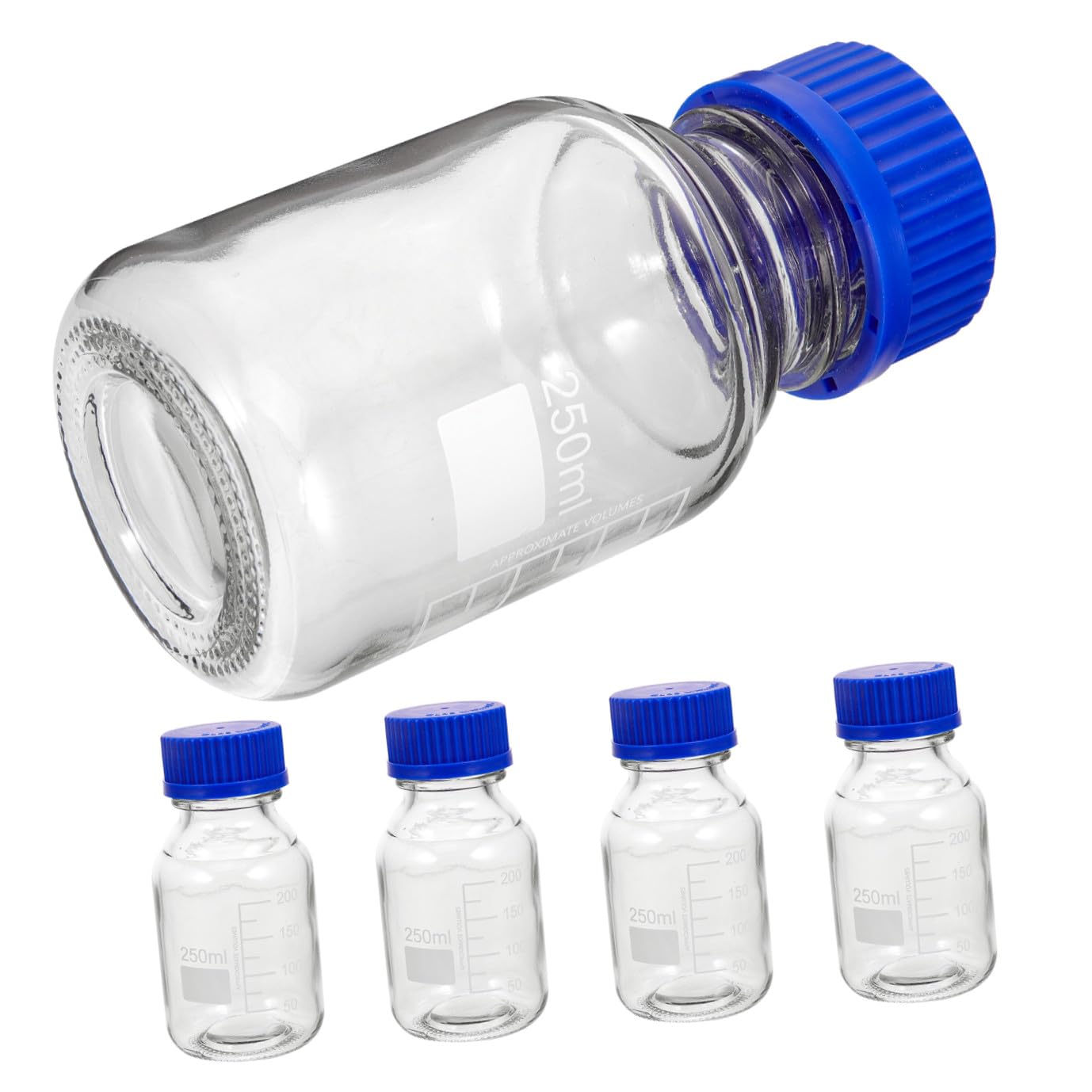 Cabilock Reagente Resistenti Agli Urti e Leggere in Vetro Trasparente da 250ml Set da 4 Bottiglie con Tappo a Vite Blu per Laboratori e Applicazioni Didattiche