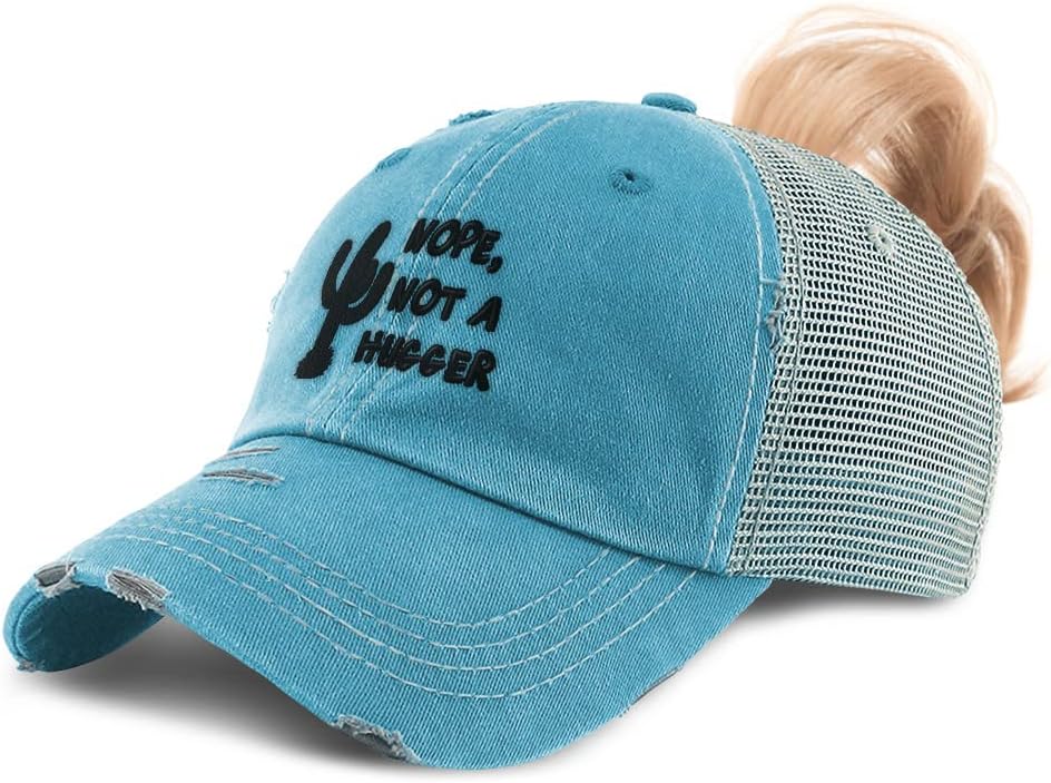 Womens Ponytail Cap Nope, Not A Hugger Funny Cotton Distressed Trucker Hats