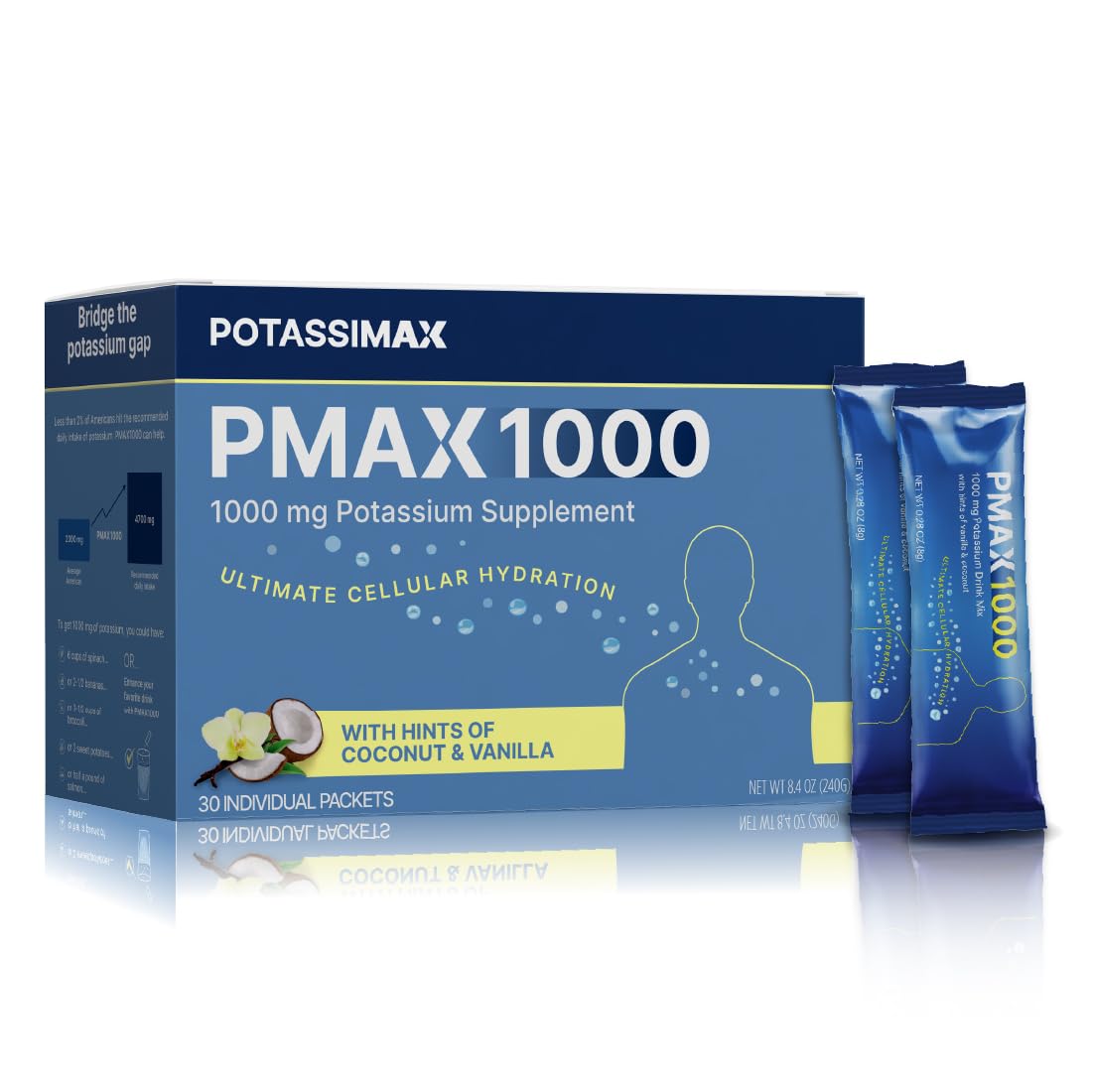 PMAX1000 High Dose Pure Potassium Electrolyte Supplement Powder, Highly Bioavailable, Doctor Formulated, 1000 mg per Serving 0.28 Ounce (Pack of 30)