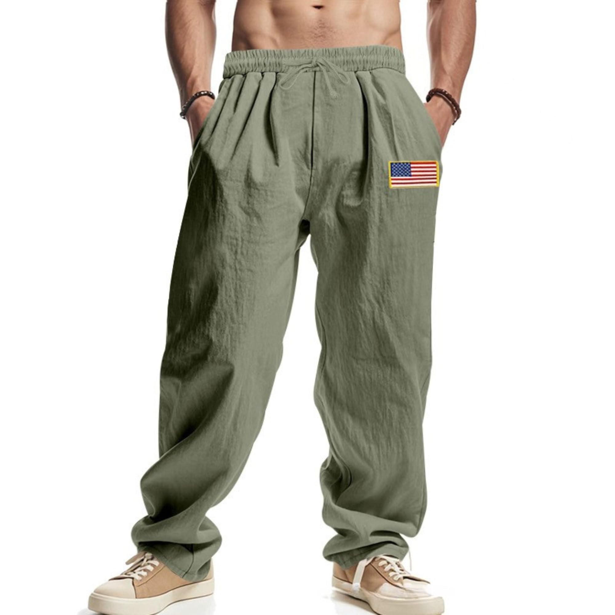 Summer Linen Pants for Men Elastic Waist Drawstring Beach Pants Baggy Wide Leg Trousers with Flag Label