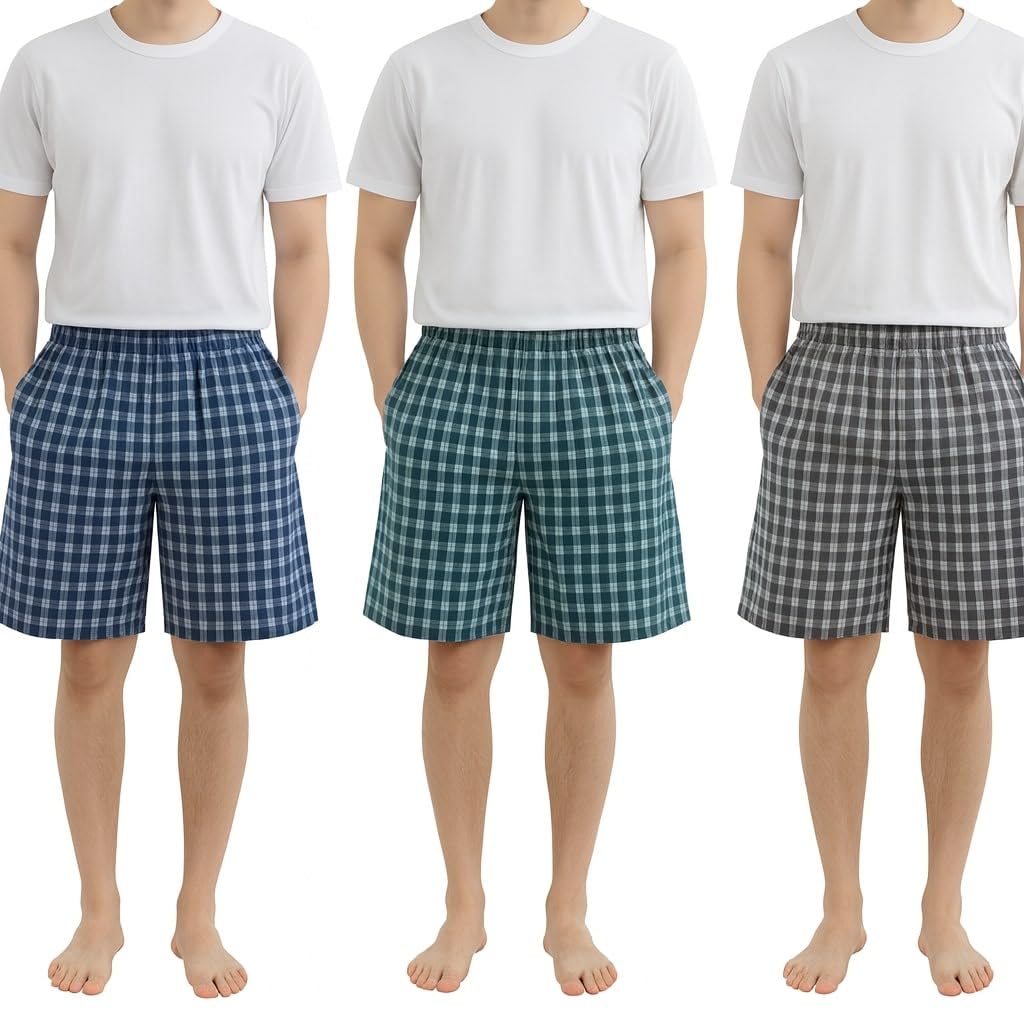 Premium Men's Cotton Boxer Shorts, Chacked Pattern, Pack of 3, Lightweight Breathable, Soft Elastic Waistband, Side Invisible Pockets (in, Alpha, 2XL, Multi) Multicolour-image-6