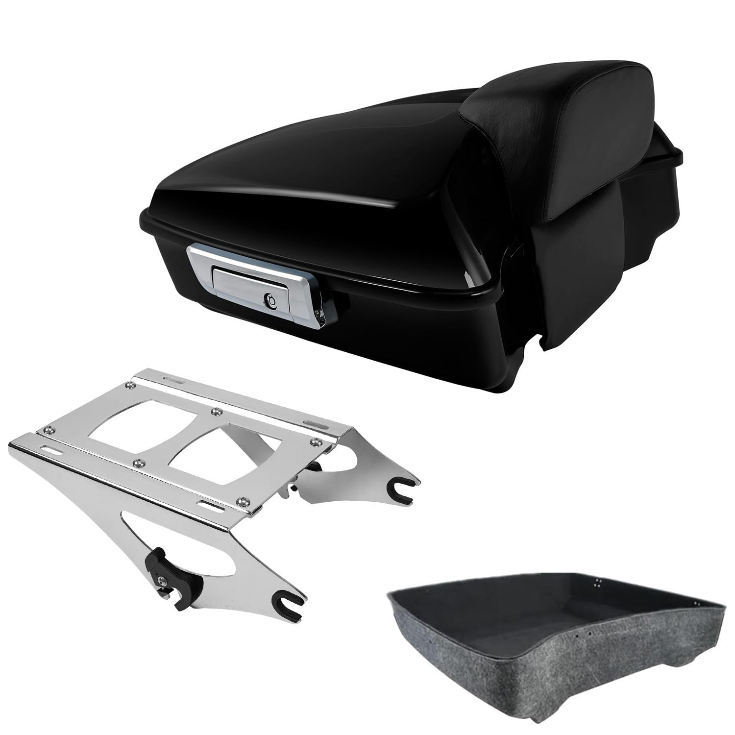 TCT-MOTORPARTS Gloss Black Chopped Tour Luggage Trunk w/Backrest & Mount Rack Fit for Harley Touring 2014-2025 Harley Touring CVO Road Street Special Electra Glide Road King