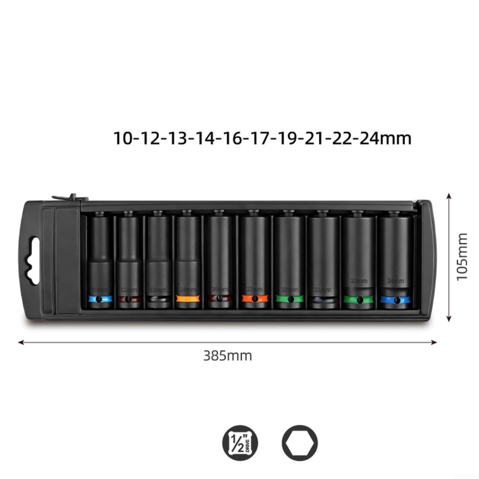 Set di chiavi a bussola da 1/2" da 10-24 mm, 10 pezzi in lega a parete spessa per bussole a percussione con giunto flessibile e anelli colorati per la manutenzione dei macchinari (78 mm)