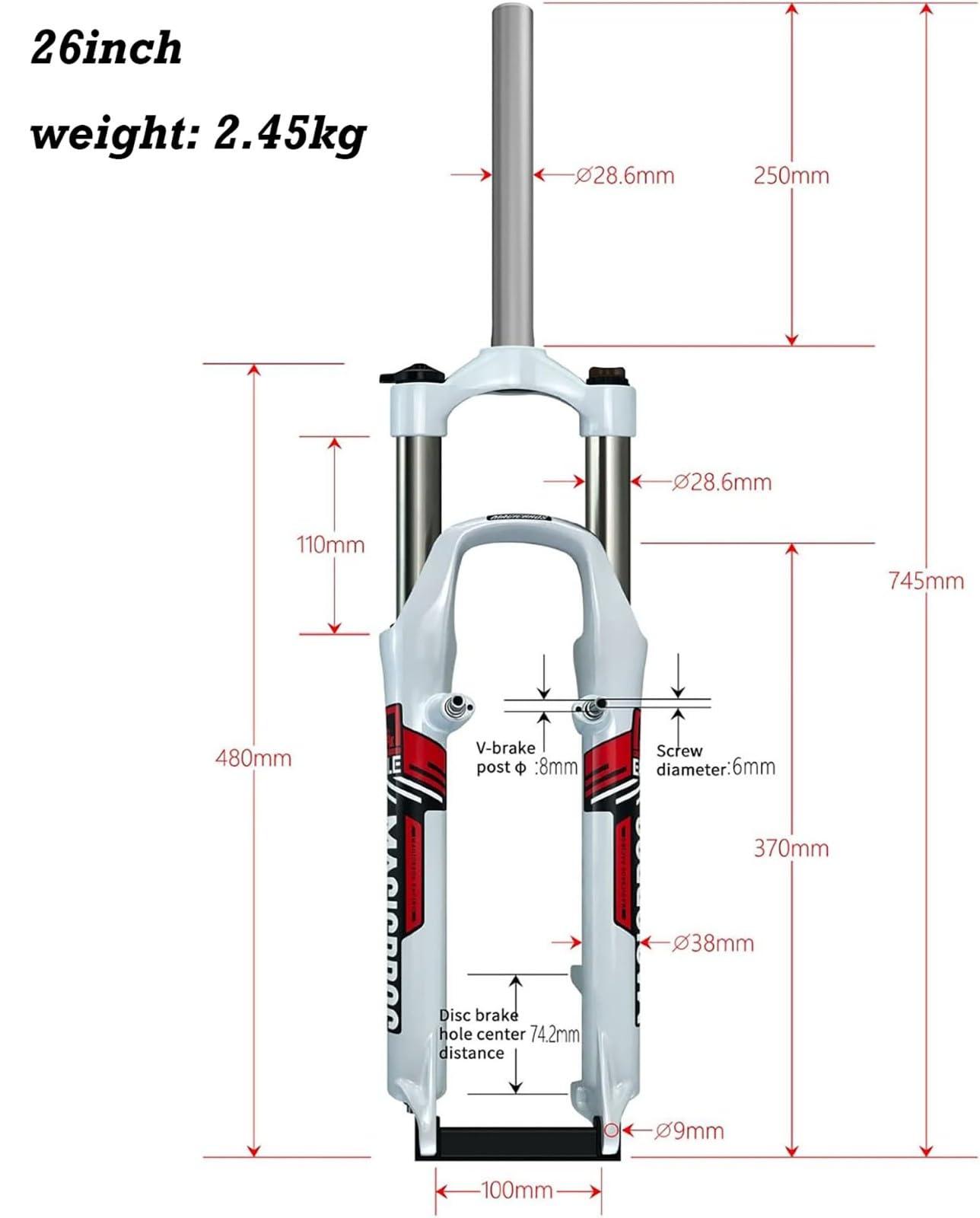 Widelec amortyzowany MTB 26 cali ze stopu aluminium mechaniczny widelec prosta rura kontrola ramion rower górski widelec tarcza/hamulec V QR 9 mm podróż 100 mm 1-1/20.3 cm C, 66.0 cm