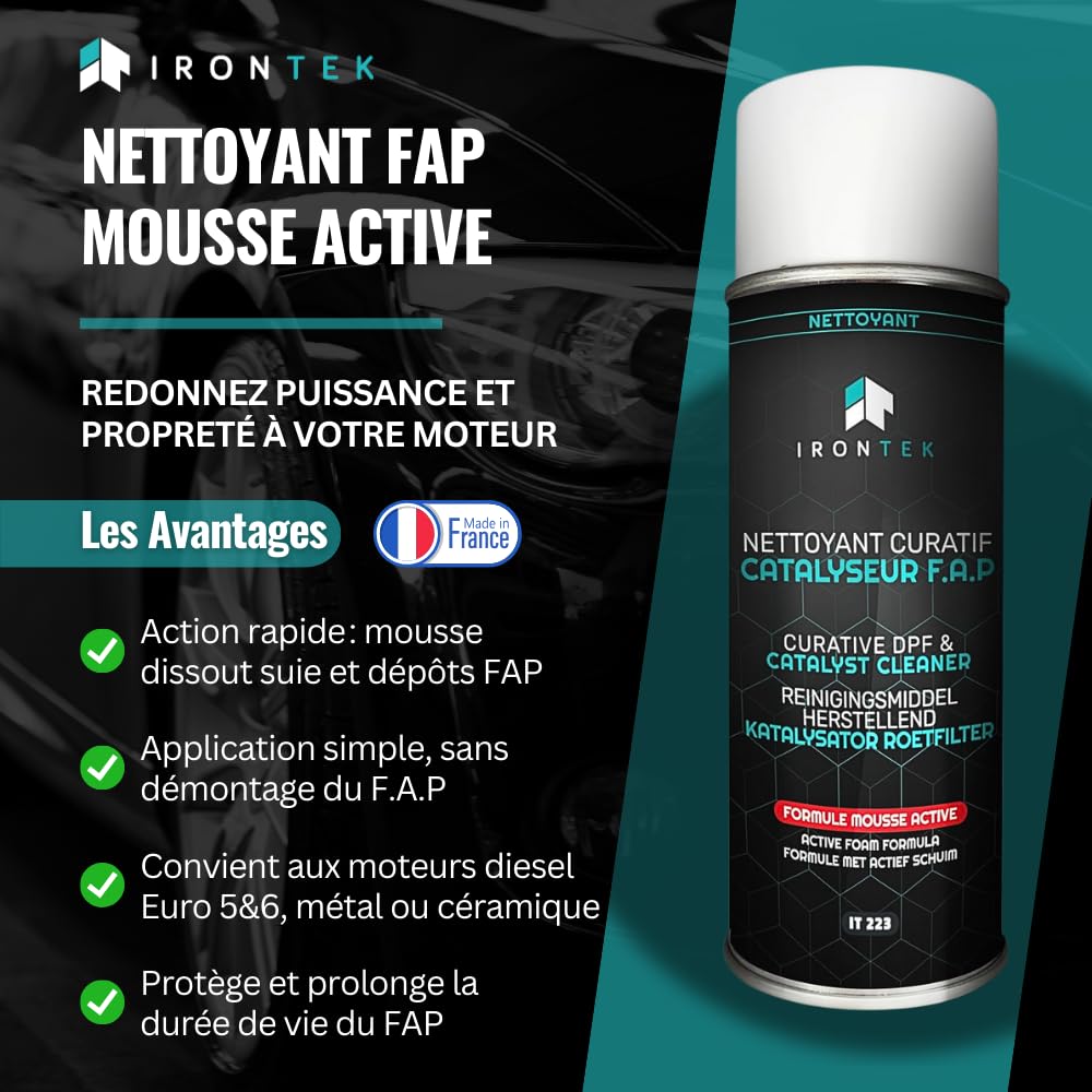 Nettoyant FAP Diesel 400ml - IRONTEK | IT223 | DPF Cleaner + Buse Injection | sans Démontage | Débouche Filtre à Particules Curatif | Formule Mousse Active Professionnelle