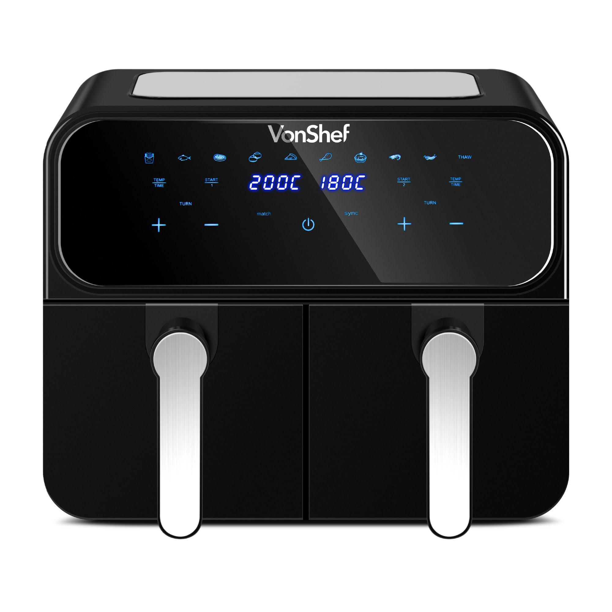 VonShef Dual Air Fryer 9L - Family Size Double Airfryer, XL Capacity, 10-in-1, 2 Drawers & Silicone Liners, LED Display, Sync Cook & Smart Finish, 60-Min Timer, Dishwasher-Safe, Healthy Cooking, 2600W