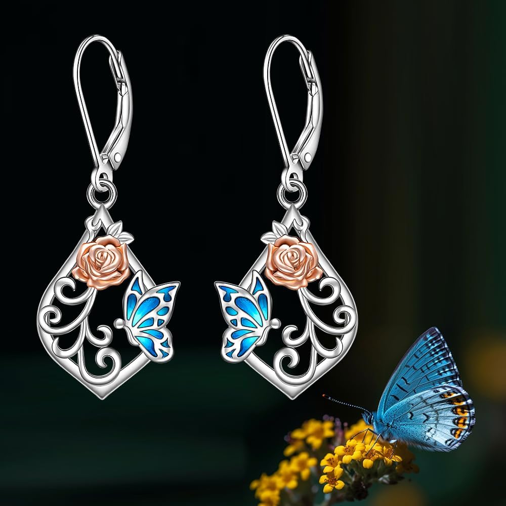 Butterfly Earrings for Women Sterling Silver Flower Filigree Blue Butterfly Dangle Earrings Cute Dainty Butterflies Jewelry Charms Valentines Christmas Mothers Day Gifts - Image 5
