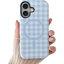 Compatible with iPhone 16 Case, Cute Aesthetic Gingham Plaid Phone Case for Women, Shockproof Soft TPU and Hard PC Back Protective Cover, Matte Blue