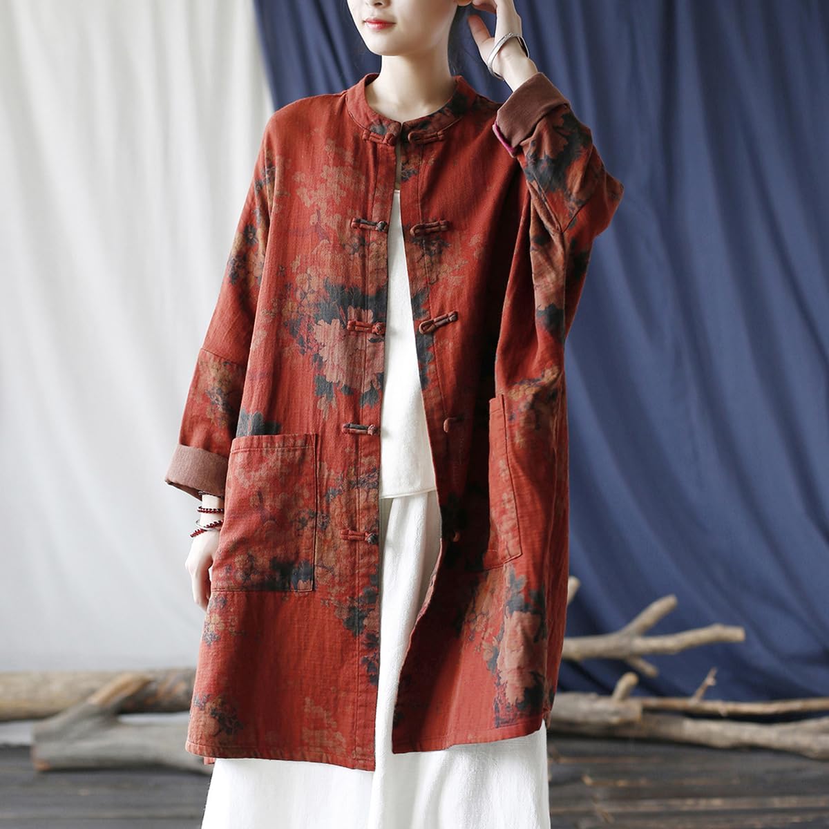 Ystylee Women Vintage Trench Coat Mid-Length Floral Print Jacket Chinese Frog Button Down Clothing Outwear - Image 5