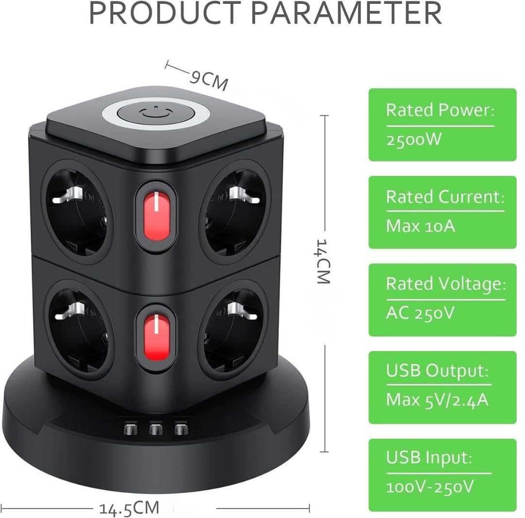 Vetech Akım Korumalı Priz Kule Tipi Kablosuz Şarj İstasyonu, 8 Priz, 2 TYPE-C, 1 USB Girişli, 2Mt Kablo